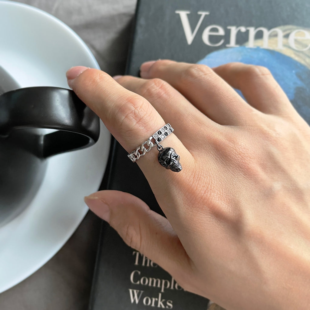 S925 Sterling Silver Halloween Black and White Mosaic Skull Open Ring