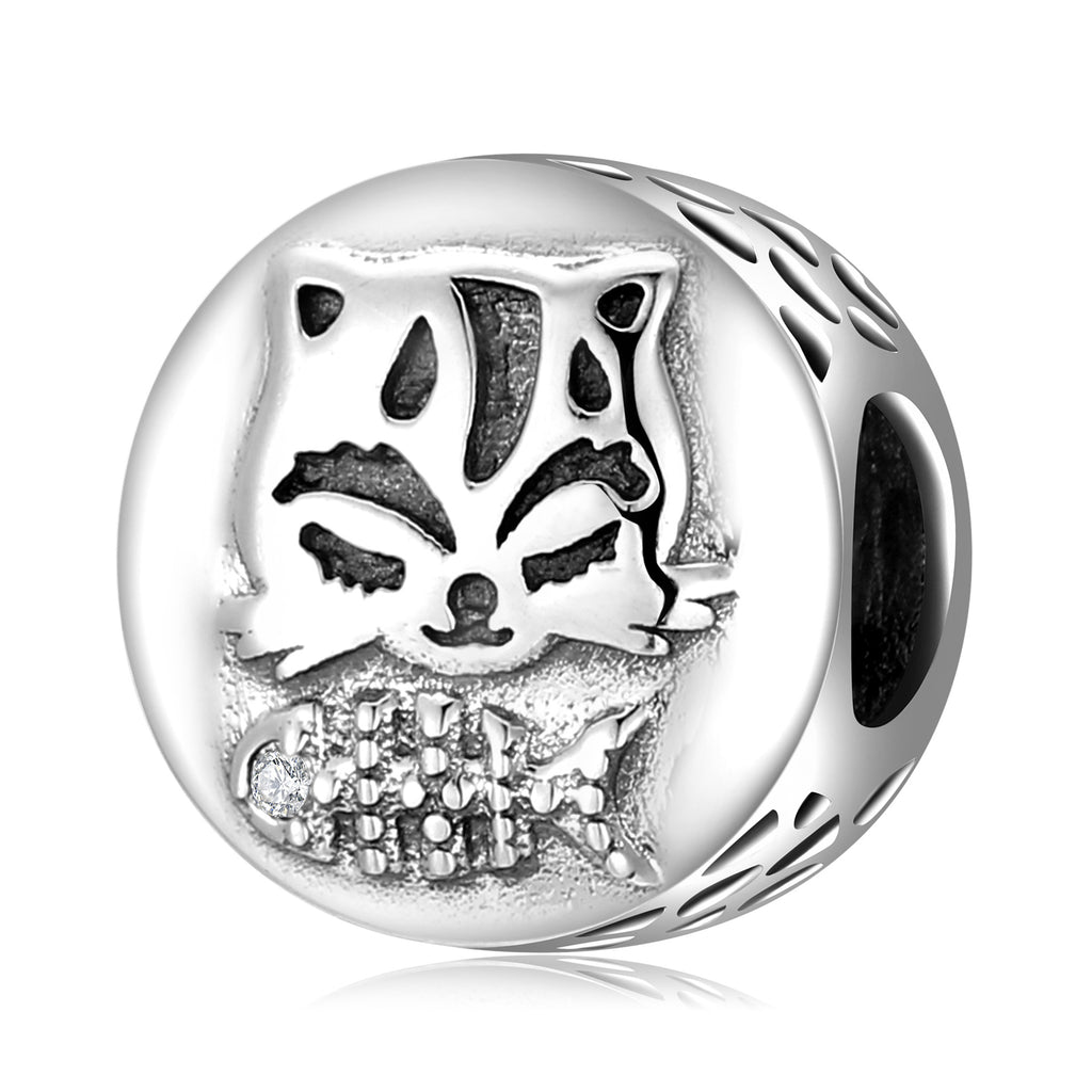 S925 Sterling Silver Cat Beaded Pendant
