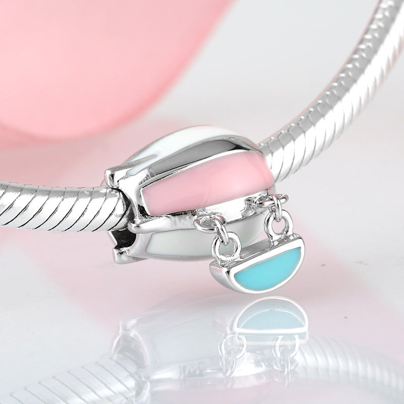 S925 Sterling Silver Pink Blue Enamel Hot Air Balloon Pendant