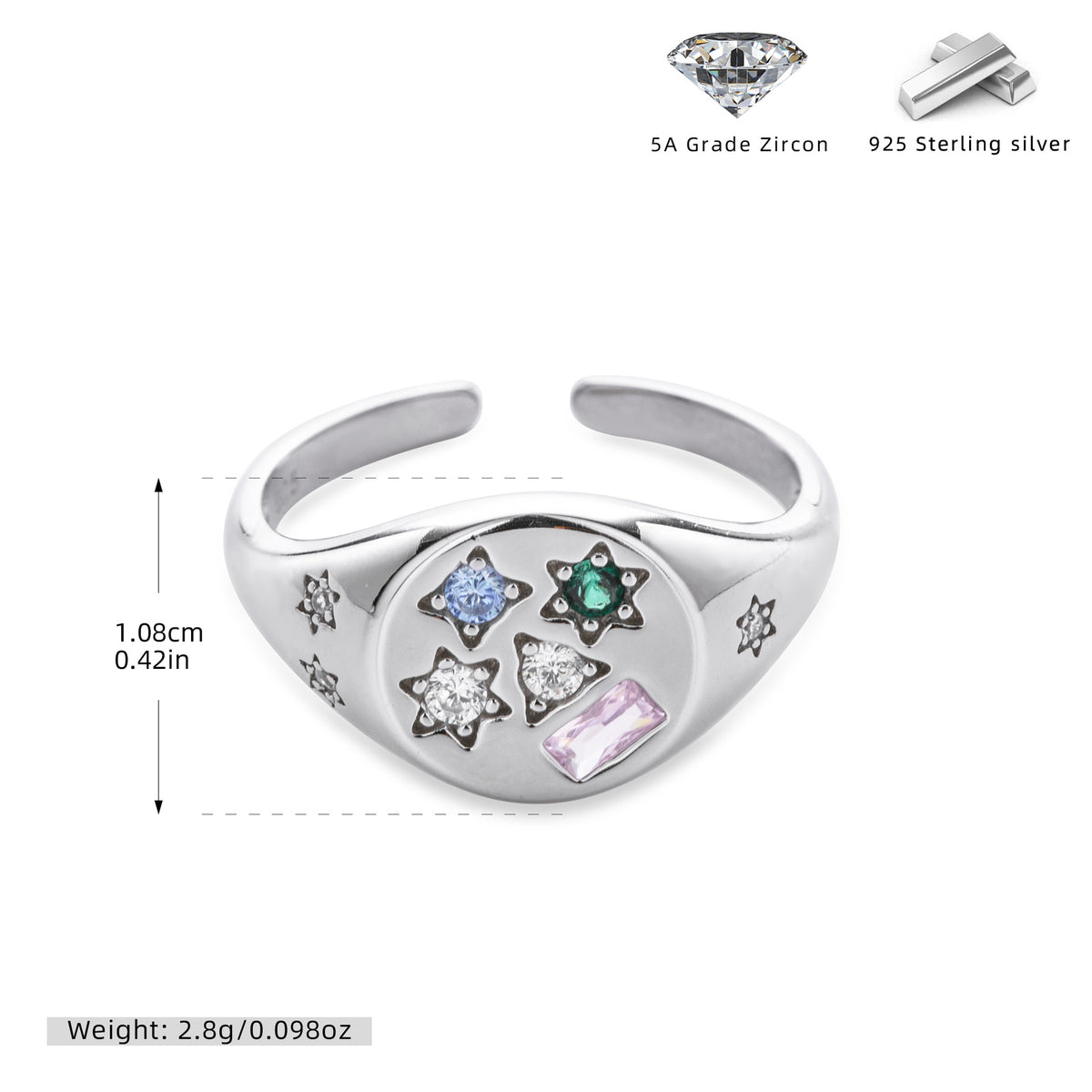 Versatile S925 sterling silver ring, stylish colored zircon set band