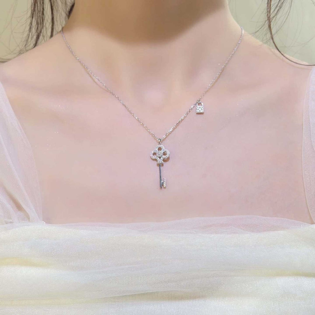 S925 Sterling Silver Key and Lock Moissanite Necklace