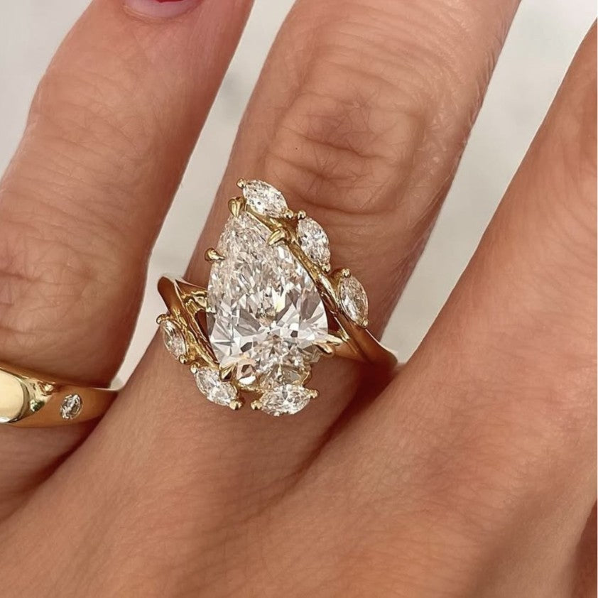 S925 Sterling Silver Drop Moissanite Ring Corolla Shaped Engagement Ring