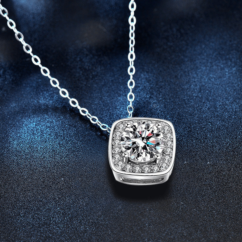 S925 Sterling Silver Moissanite Classic Square Pendant Necklace