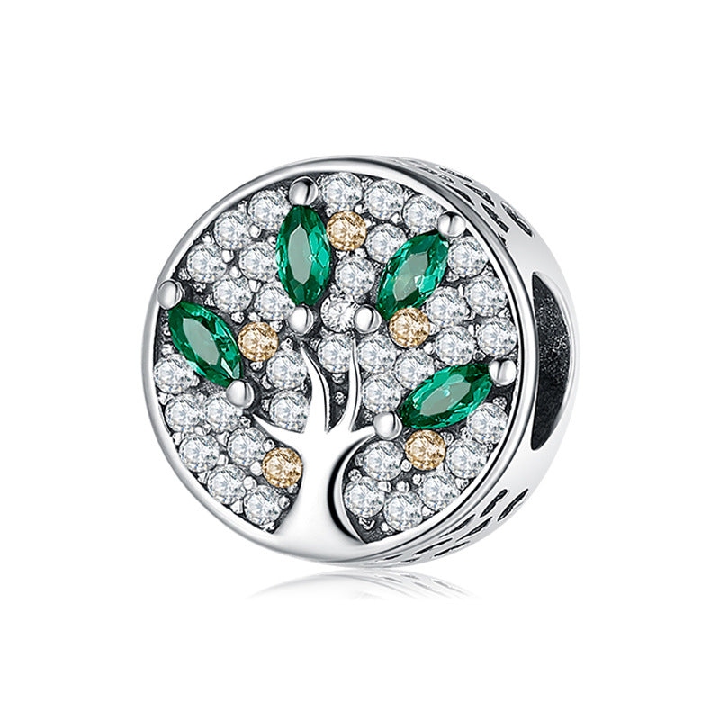 S925 Sterling Silver Hollow Tree of Life Green Zircon Bead Pendant