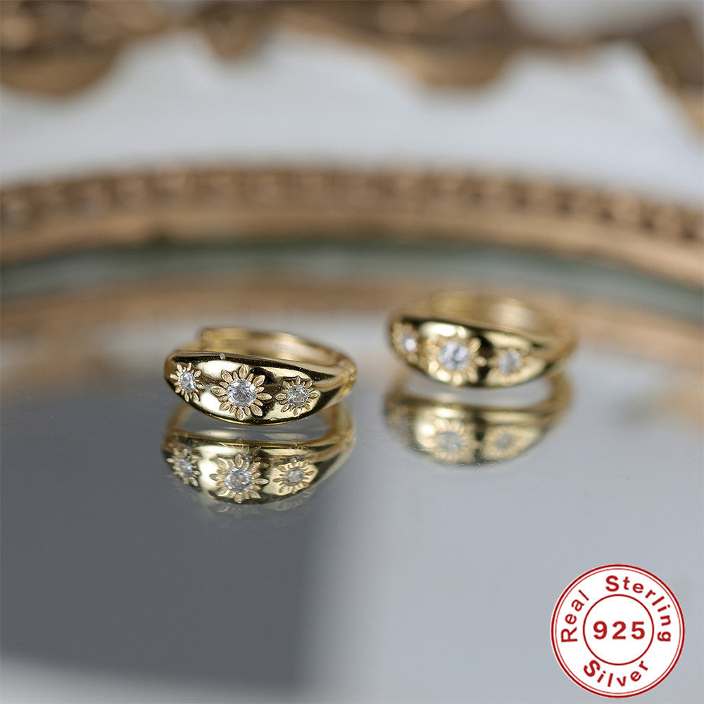 S925 Sterling Silver Octagonal Star Textured Hoop Earrings with Zirconia Inlay