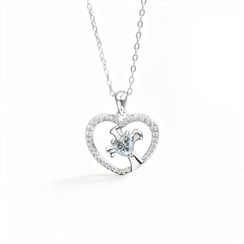 S925 Sterling Silver Moissanite Heart-Shaped Cross Necklace