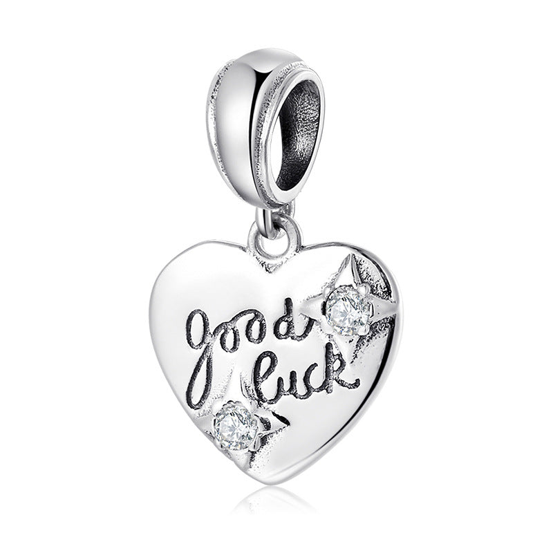 S925 Sterling Silver Heart Shape Engraved Good Luck Pendant with Zircon Inlaid
