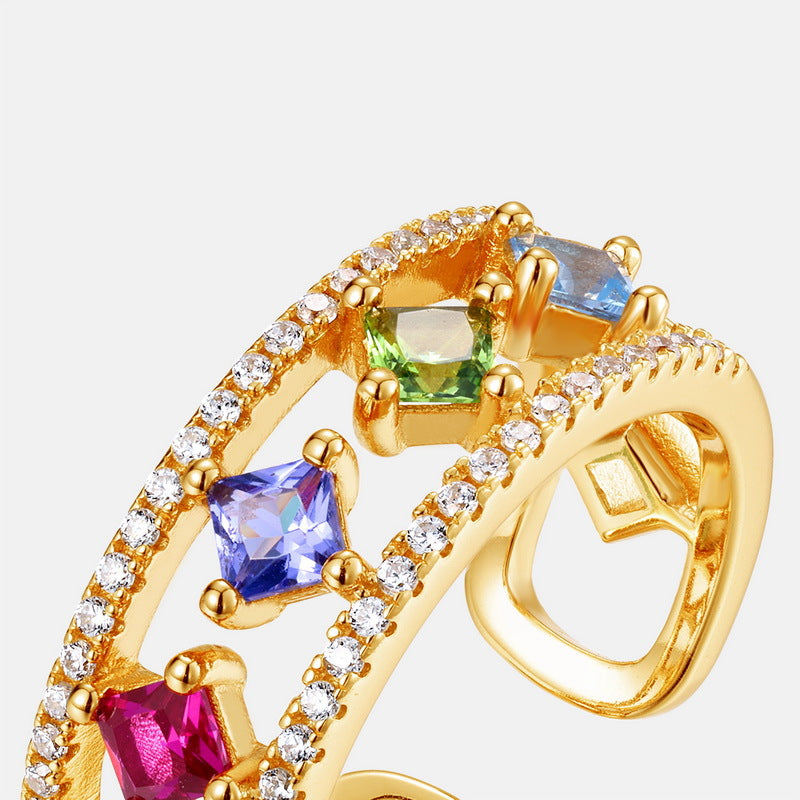 S925 Sterling Silver Gold-Plated Rainbow Zircon Ring