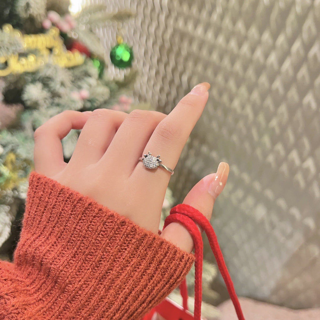 S925 Sterling Silver Adjustable "Fluttering Heart" Reindeer Christmas Ring
