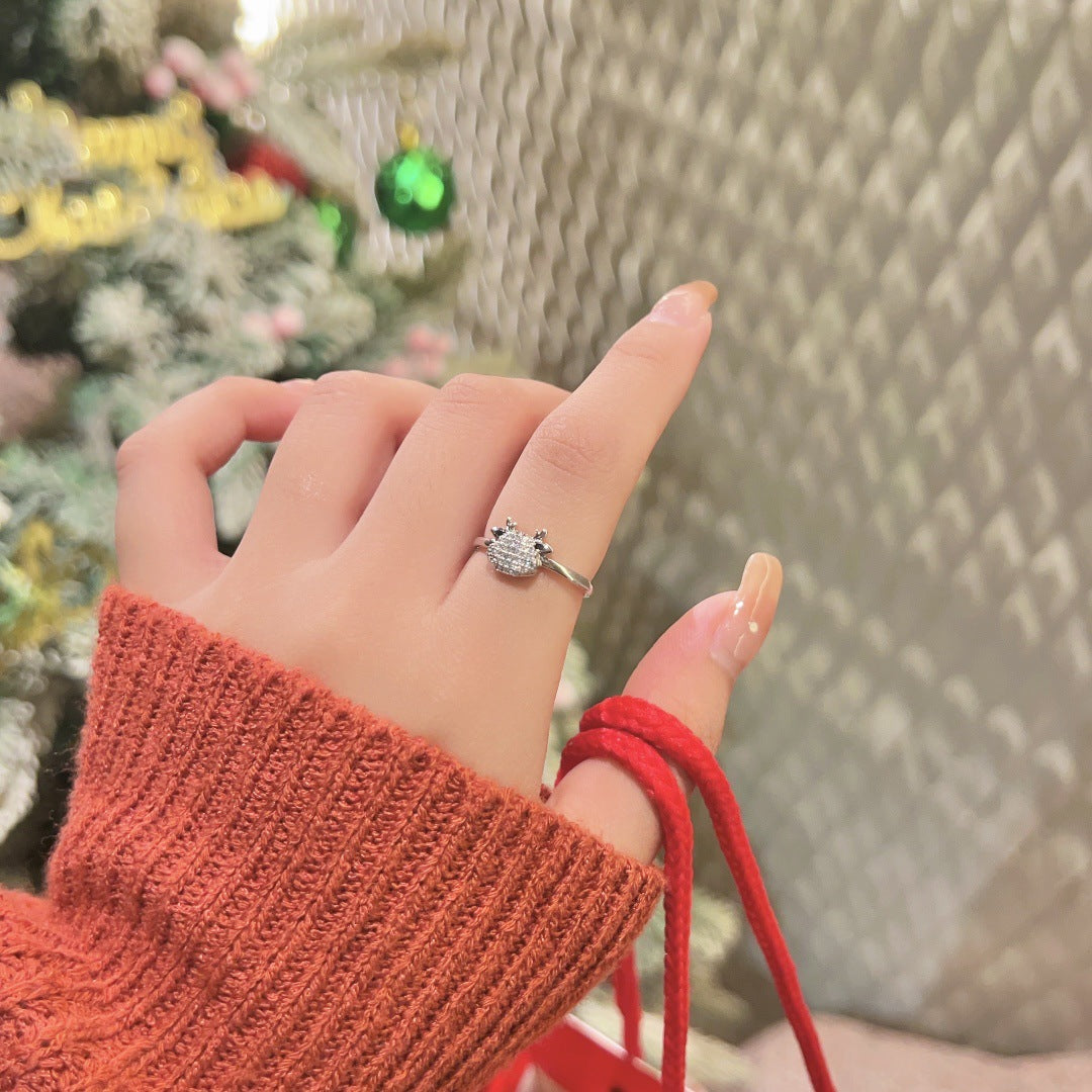 S925 Sterling Silver Adjustable "Fluttering Heart" Reindeer Christmas Ring
