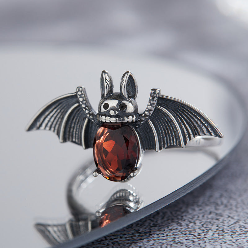S925 Sterling Silver Halloween Garnet Bat Open Ring