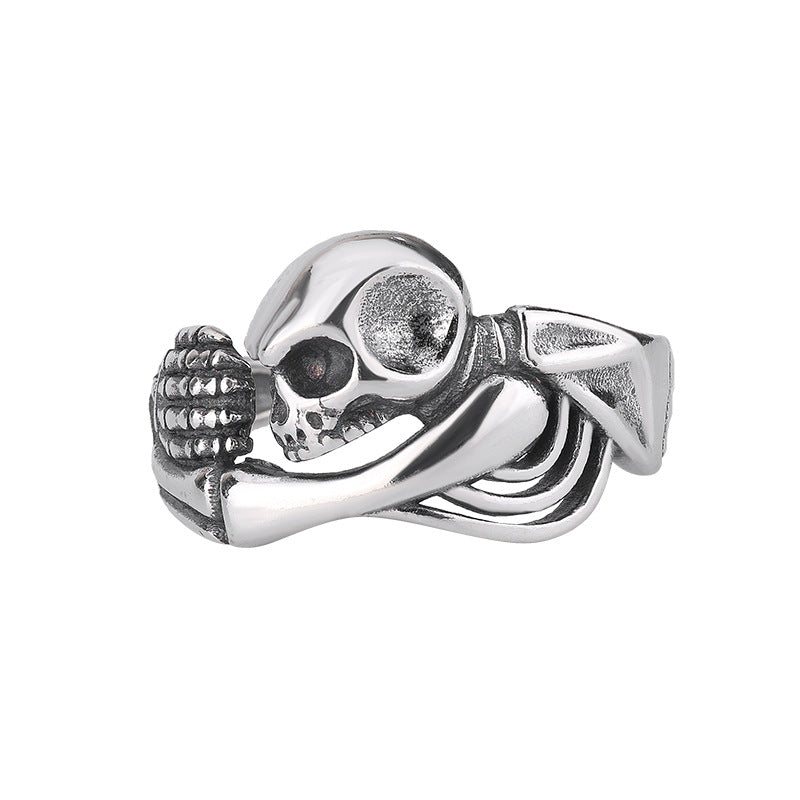 S925 Sterling Silver Halloween Distressed Skull and Skeleton Ring