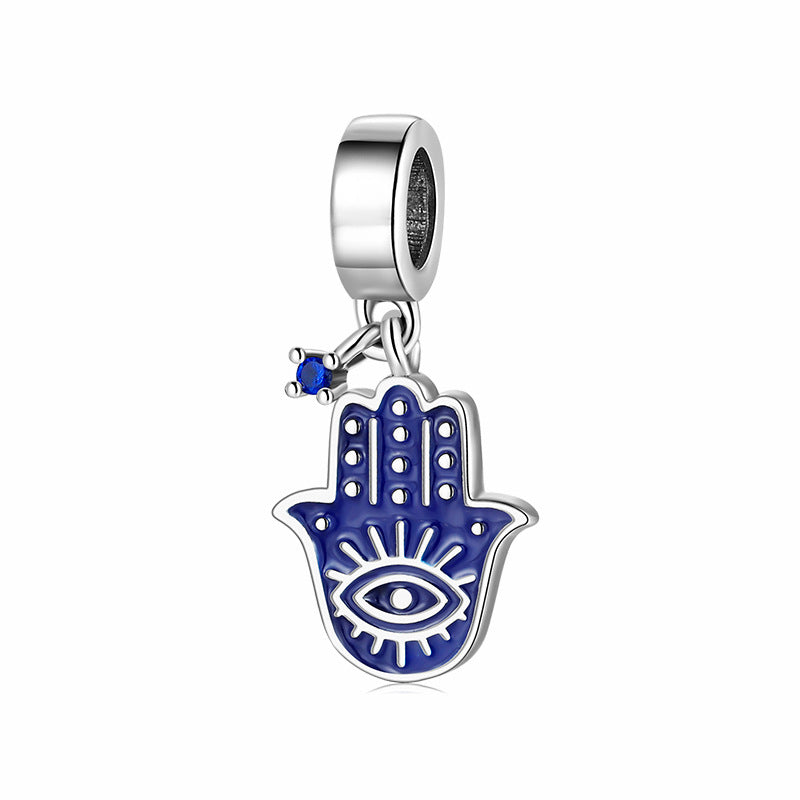 S925 Sterling Silver Dark Blue Enamel Hand Shape Inlaid Zircon Pendant
