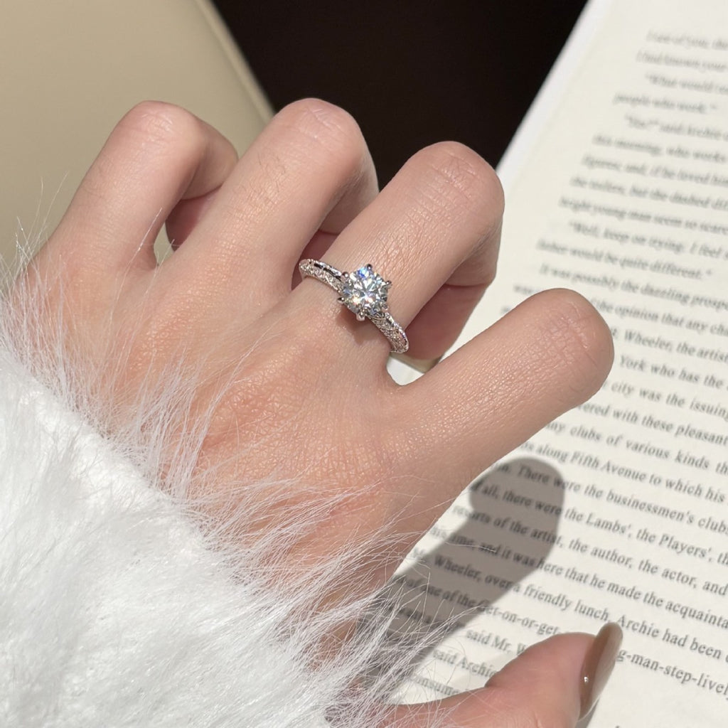 S925 Silver Six-Prong Ring with Colored Moissanite