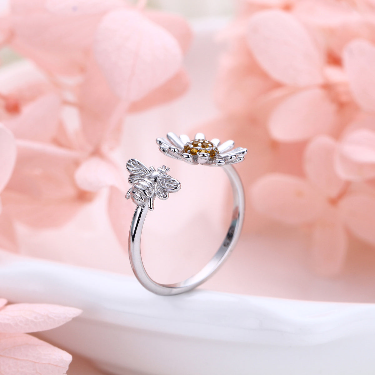 S925 Sterling Silver Creative Personalized Sunflower Bee Zirconia Ring