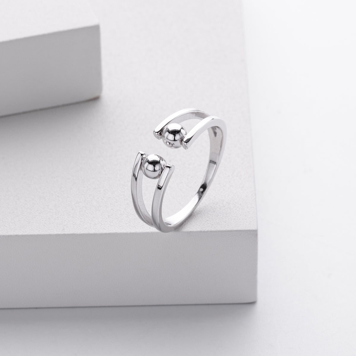 European and American S925 sterling silver double-layered beaded ring with adjustable opening