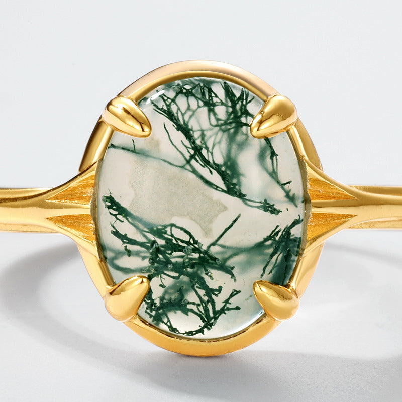 S925 Sterling Silver Gold-Plated Geometric Green Moss Ring