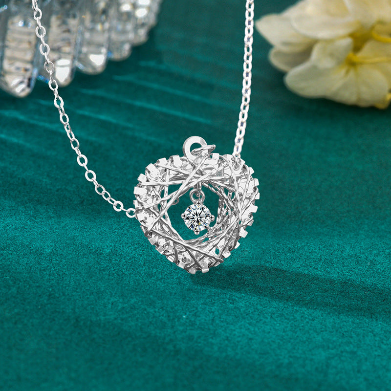 S925 Sterling Silver Moissanite Woven Dream Net Love Mush Ice Pendant Necklace