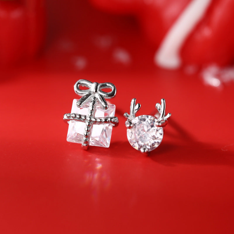 S925 Sterling Silver Asymmetrical Christmas Gift Box & Antler Stud Earrings