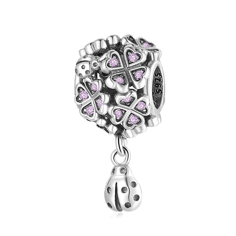 S925 Sterling Silver Four Leaf Clover LADYBIRD Beaded Zircon Pendant