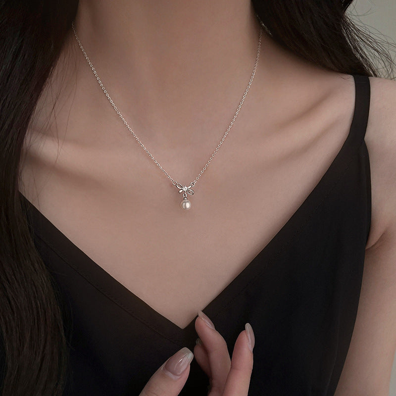 S925 Sterling Silver Moissanite Bowknot Pearl Necklace