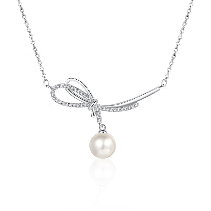 S925 Sterling Silver Moissanite Bow Pearl Pendant Necklace