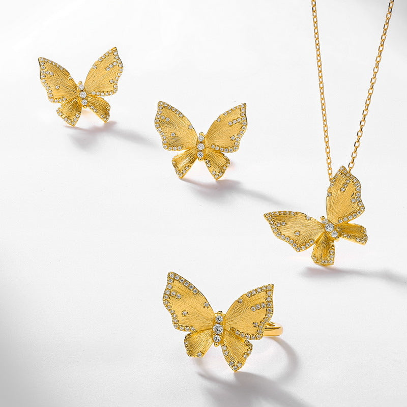 S925 Sterling Silver Gold-Plated Butterfly Zircon Inlaid Pendant Necklace