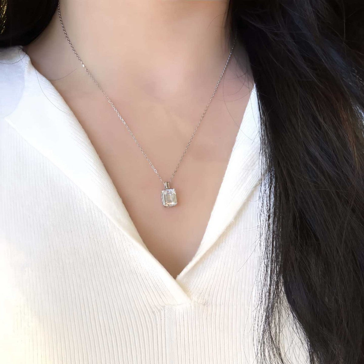 S925 Sterling Silver Rectangular Moissanite Necklace