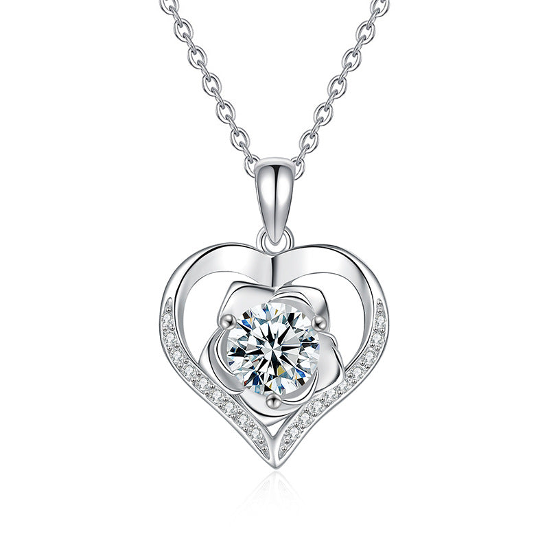 S925 Sterling Silver Rose Moissanite Pendant Loving Heart Necklace