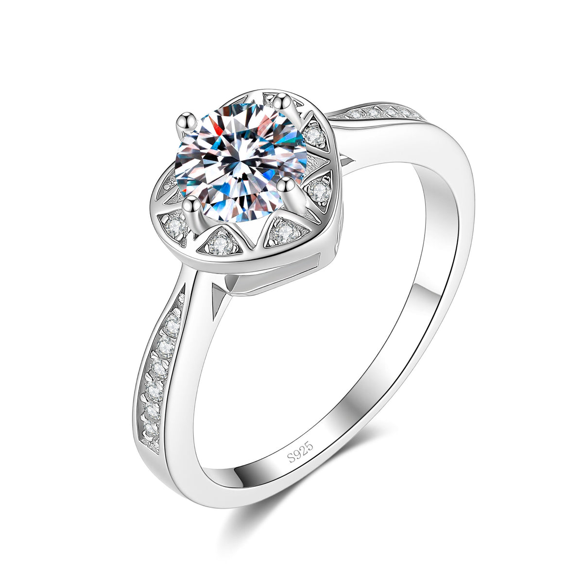 S925 Sterling Silver Six-Prong Round Colored Moissanite Ring