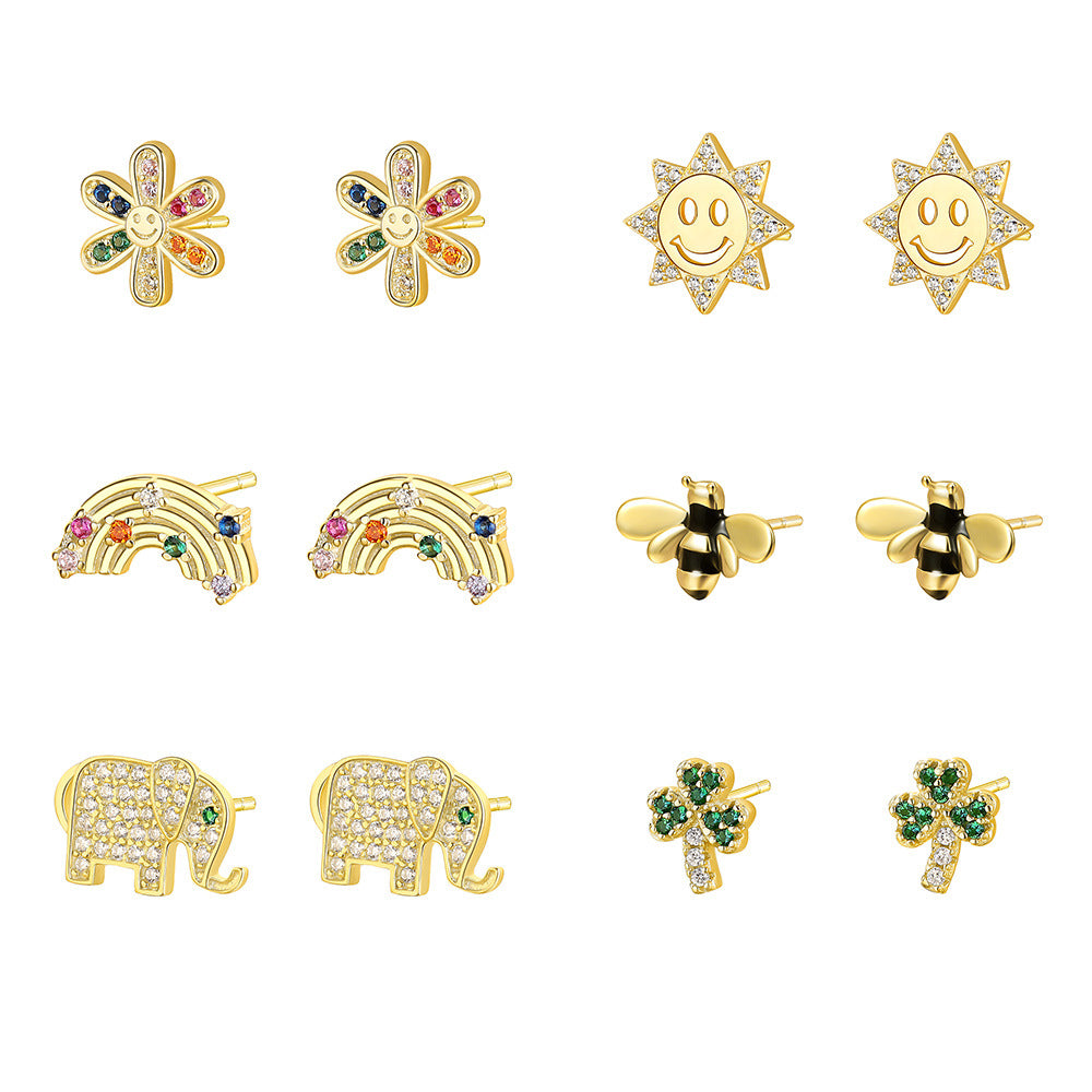 S925 Sterling Silver Small Stud Earrings with Colorful Cubic Zirconia
