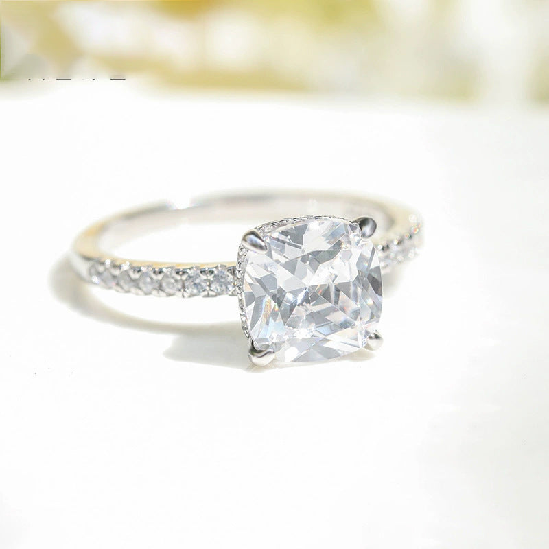S925 silver four-claw 9 × 9 pillow 4-carat zircon ring