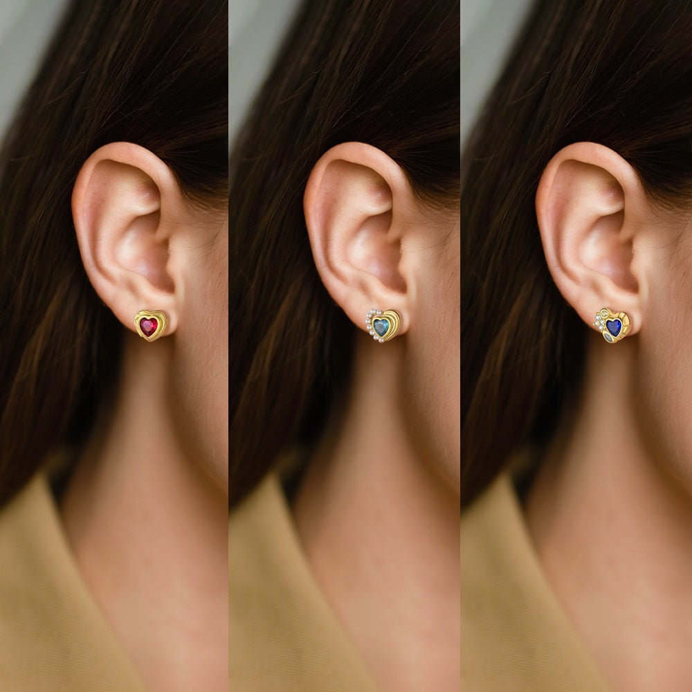 S925 Sterling Silver Heart Stud Earrings with Colorful Cubic Zirconia