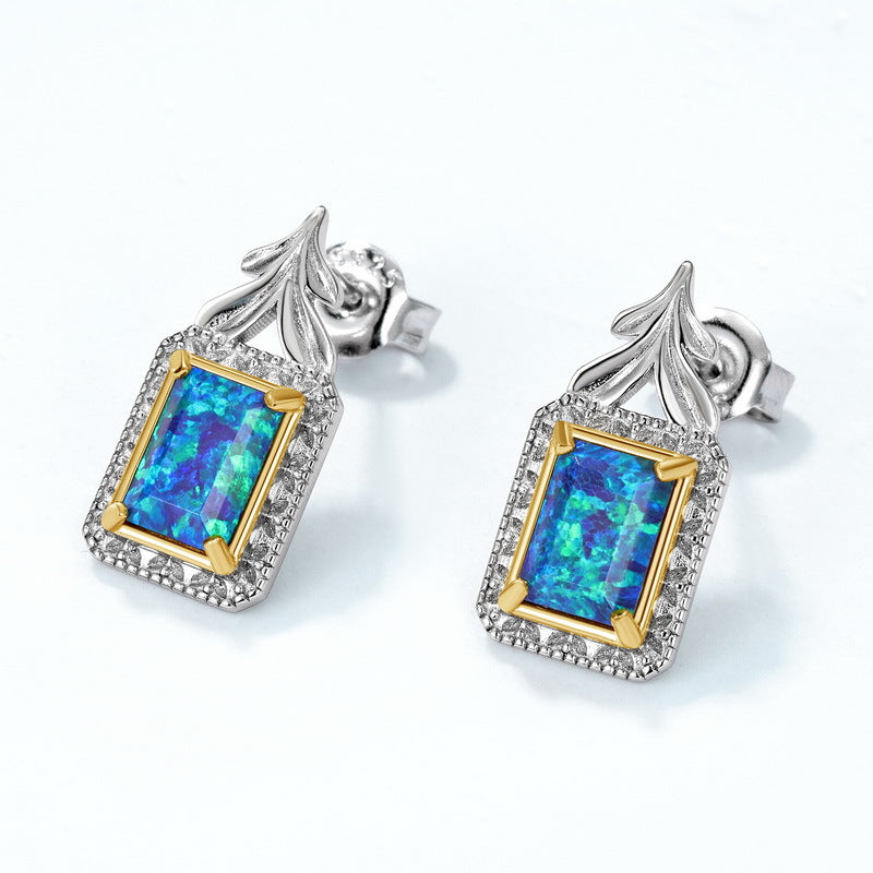 S925 Sterling Silver Stud Earrings Set with Synthetic Blue Opal