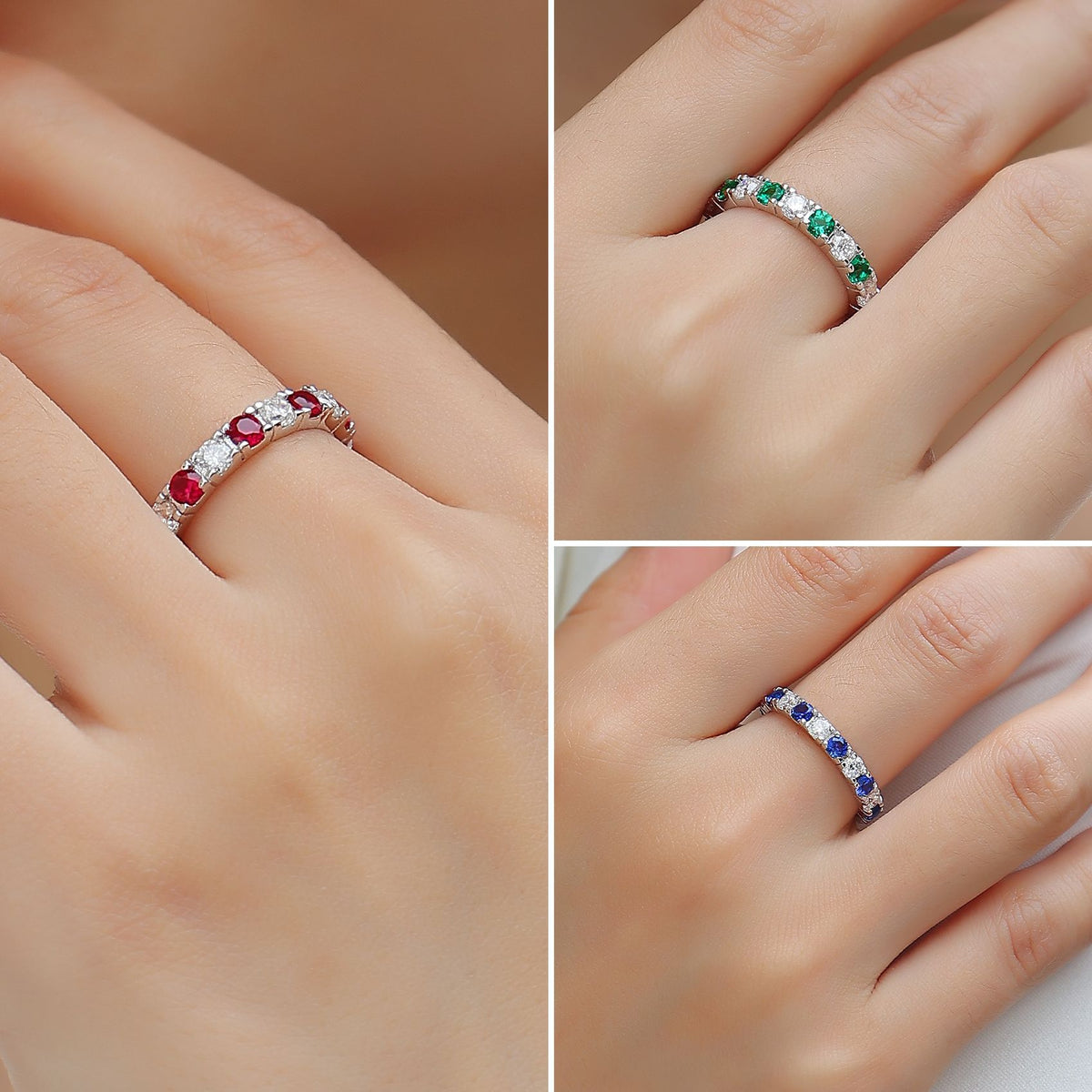 S925 Sterling Silver Ring with Green, Blue, and Red Gemstones and Moissanite