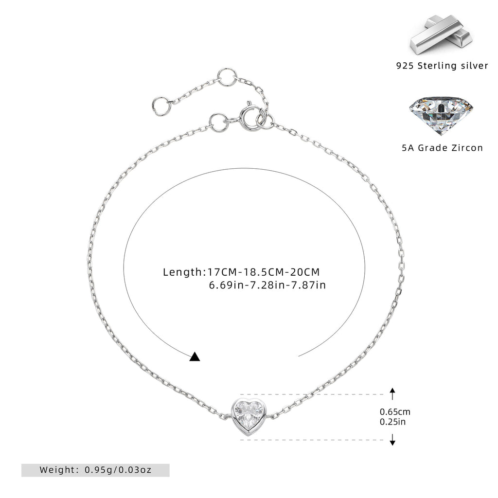 S925 Sterling Silver Zircon Heart Bracelet