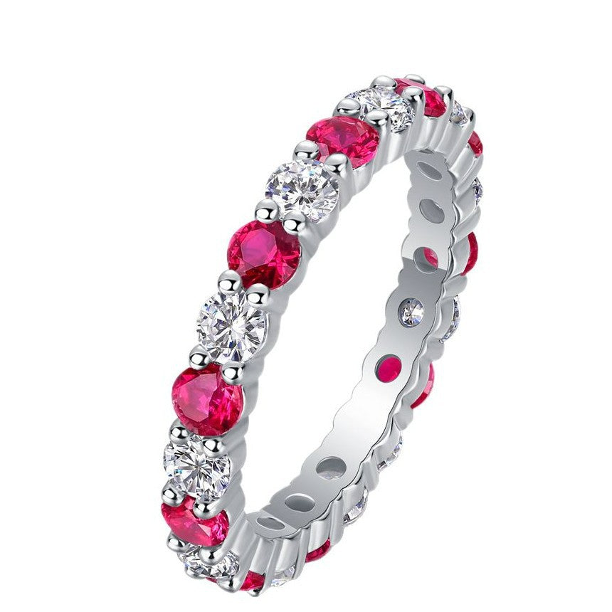 S925 Silver Ring with Green and Red Sapphires and Moissanite