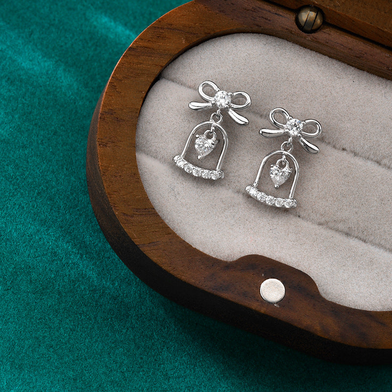 S925 Sterling Silver Moissanite Bow Bell Earrings Christmas Jewelry