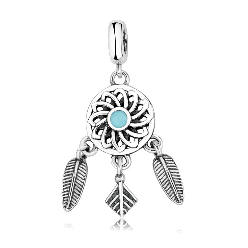 S925 Sterling Silver Dream Catcher Hollow Flower Feather Tassel Pendant