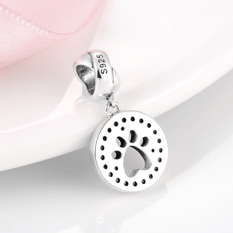 S925 Sterling Silver Round Pet Paw Print Zircon Trim Pendant