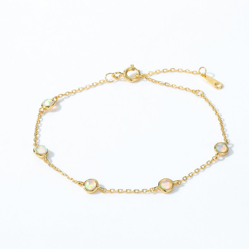 S925 Sterling Silver Gold-Plated Synthetic Opal Round Bracelet