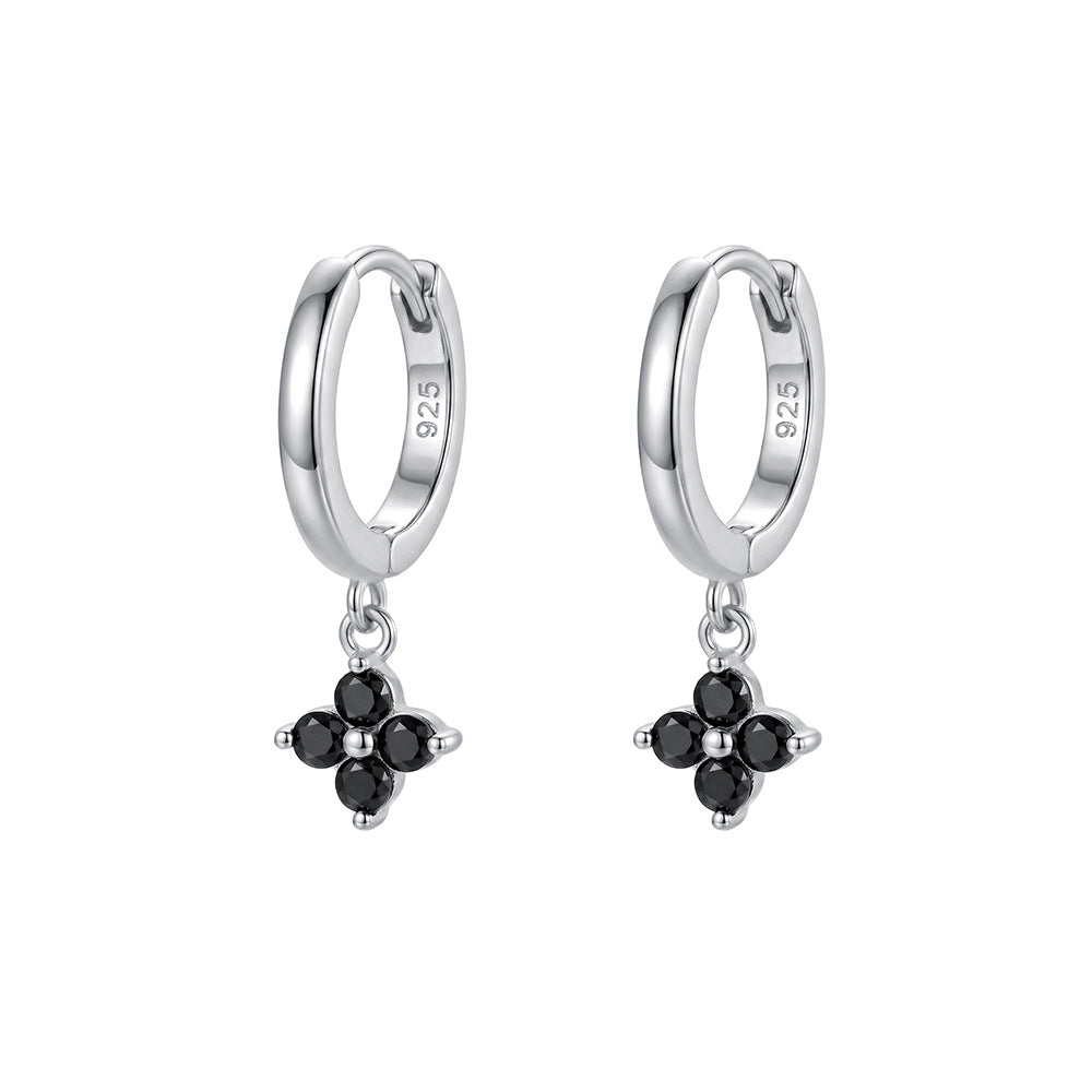 Black CZ Flower Charm Hoop Earrings