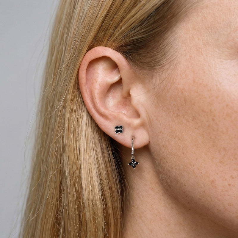 Black CZ Flower Charm Hoop Earrings – detail view 3