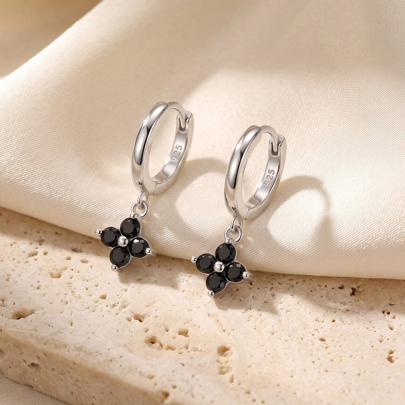 Black CZ Flower Charm Hoop Earrings – image 4