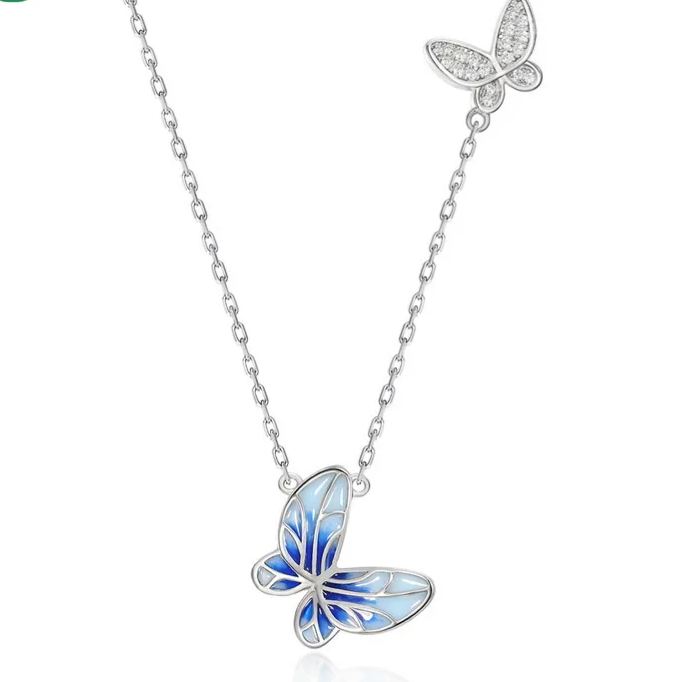 Blue Openwork Enamel Butterfly Pendant Zircon Necklace