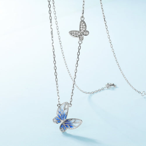 Blue Openwork Enamel Butterfly Pendant Zircon Necklace – wholesale silver necklaces