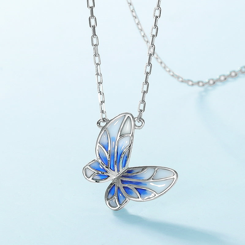 Blue Openwork Enamel Butterfly Pendant Zircon Necklace – image 4