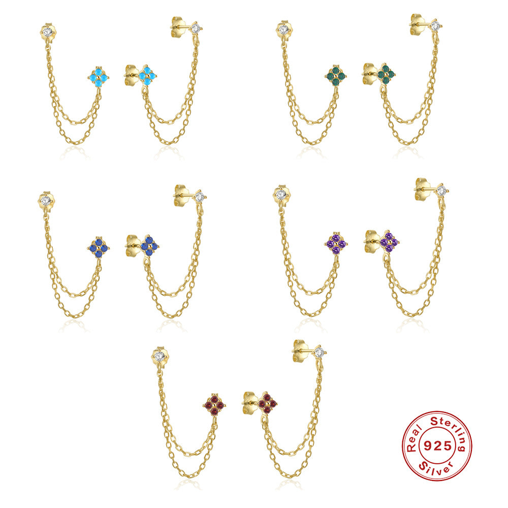 Chain Tassel Earrings with Zircon Studs