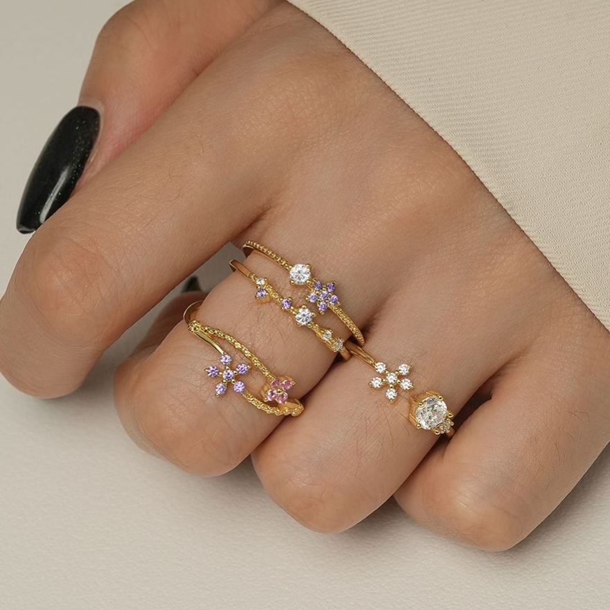 Colorful Cubic Zirconia Flower Ring – wholesale silver rings