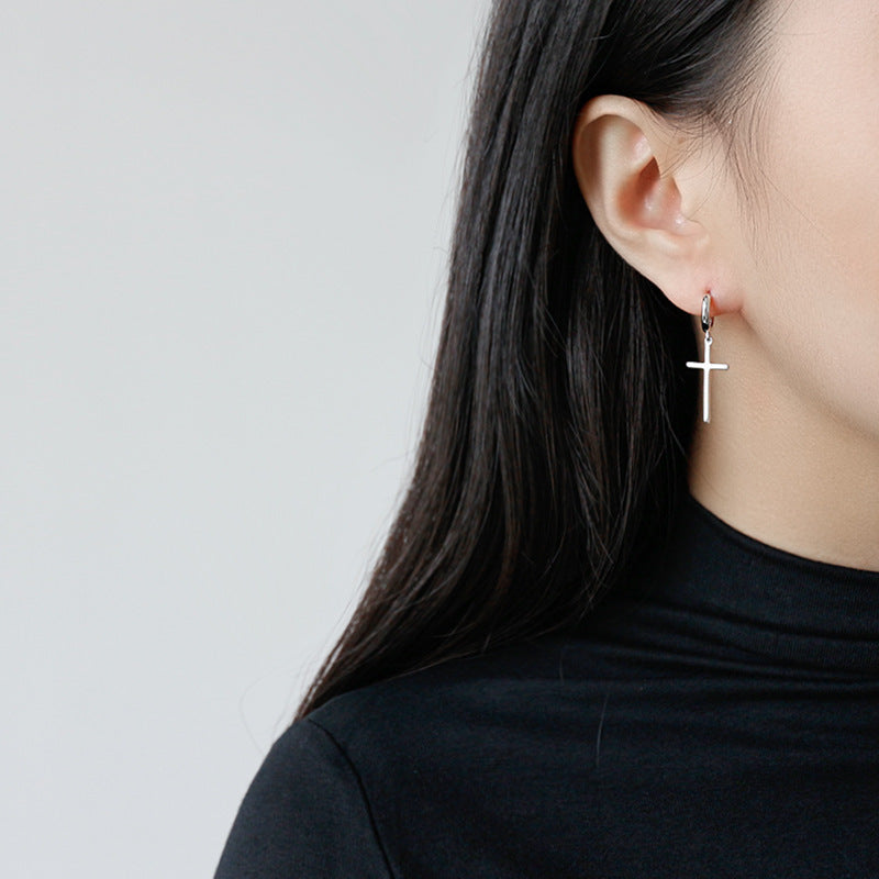 Minimalist Cross Drop Hoop Earrings – detail view 3